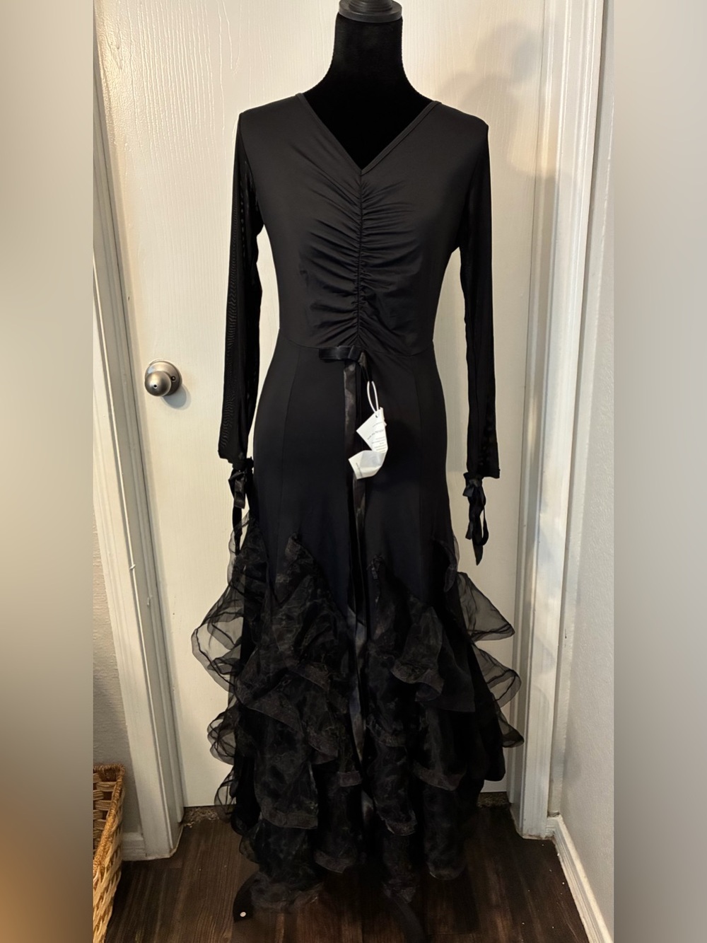 Elegant Black Maxi Tango Dress Sheer Long Sleeve Ruffle Hem Poly/Spandx Blend XL